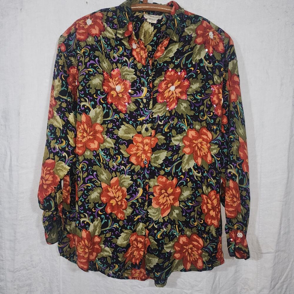 vintage FASHION PASSPORT Y2K semi sheet floral blouse bead & sequin